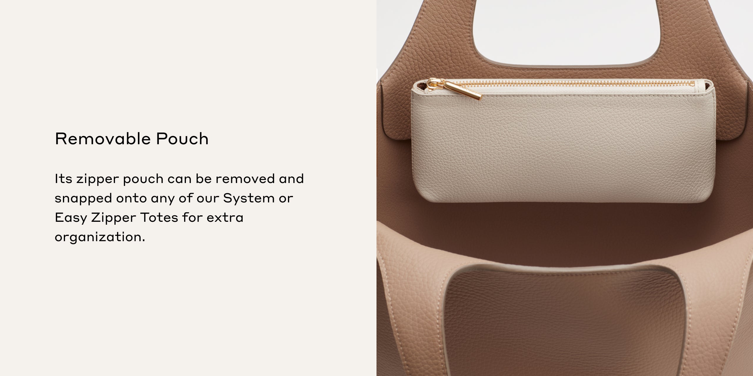 Handbag with a detachable zipper pouch attached to the front.