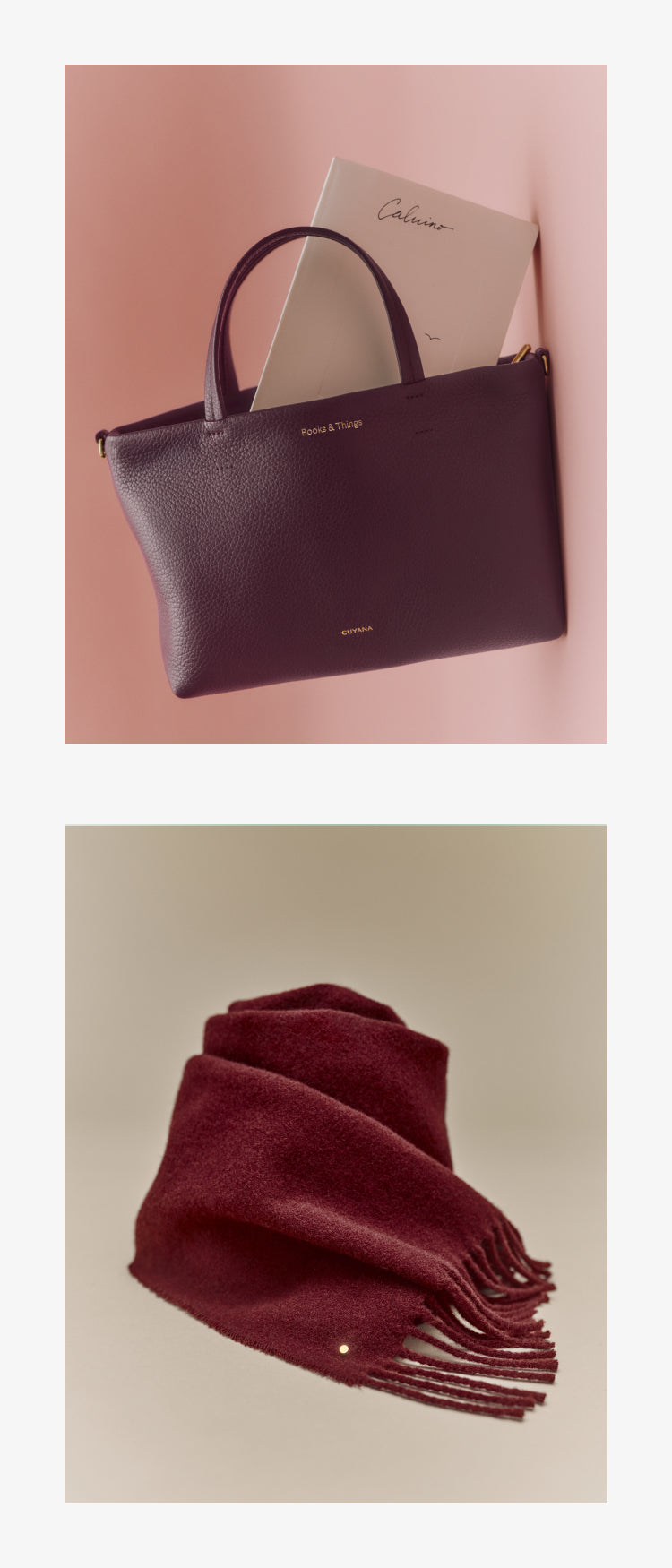 Tote bag with book inside, and folded scarf with fringe detail.