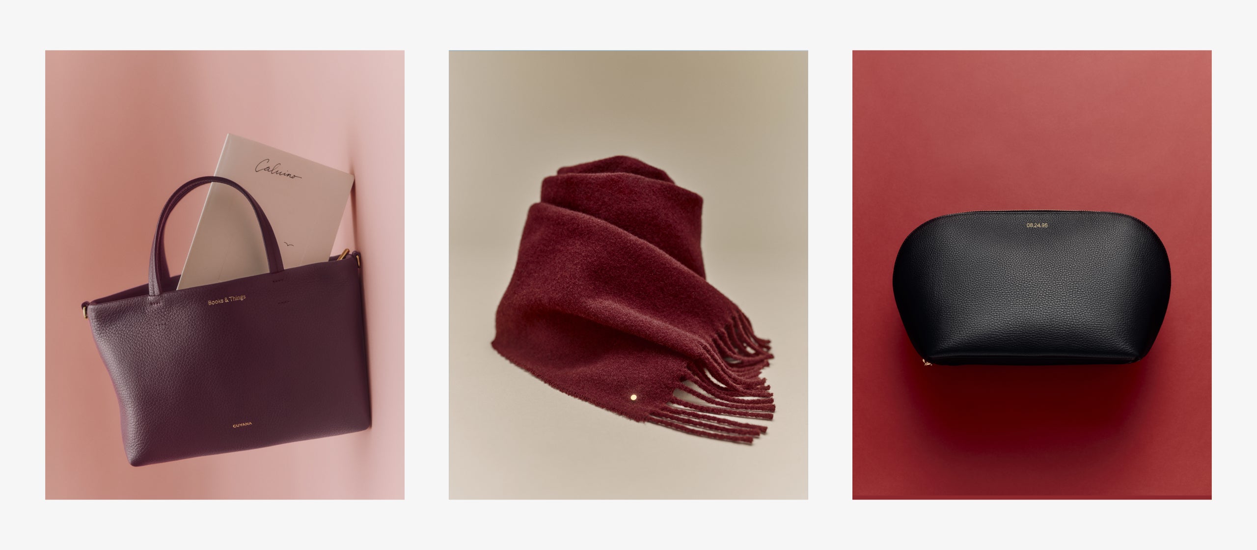 Tote bag with book, folded scarf, and pouch.