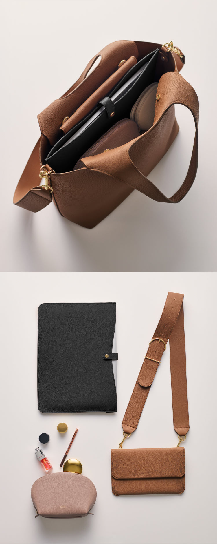 Open handbag with contents and matching accessories arranged nearby.