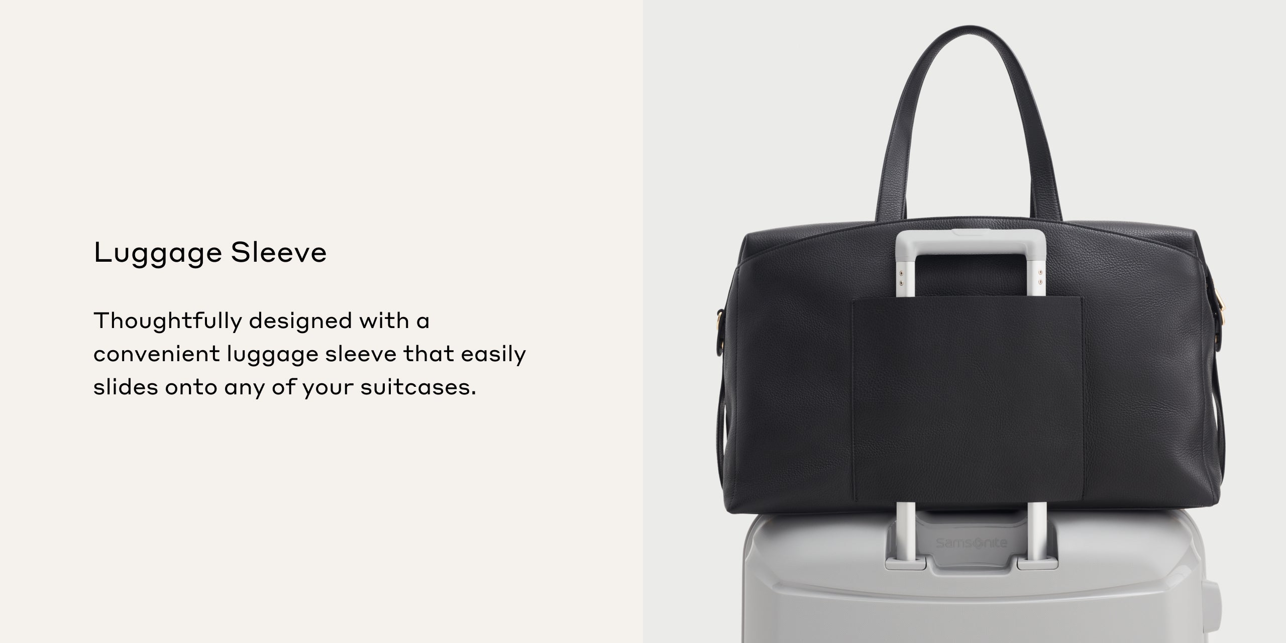 Two images of a bag with a sleeve for sliding over suitcase handles.