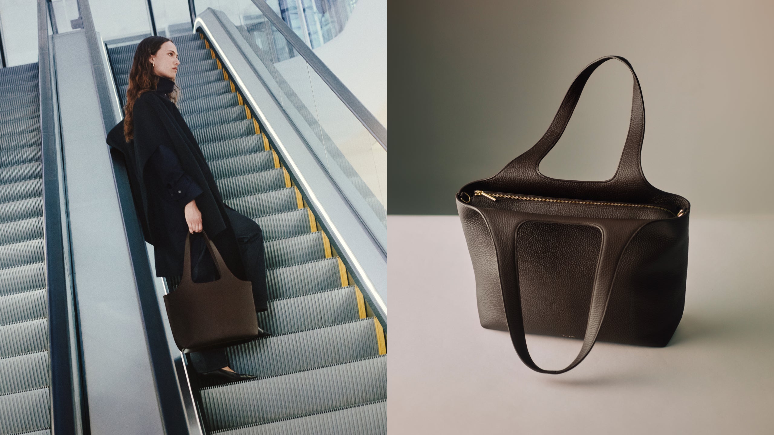 Left side shows person on escalator with bag, right side shows close-up of the bag.