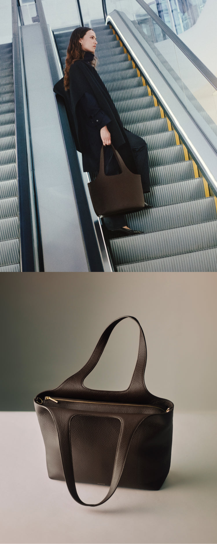 Person on escalator with large tote bag; close-up of the tote bag on table.