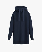 Long hooded sweatshirt with drawstrings and front zipper
