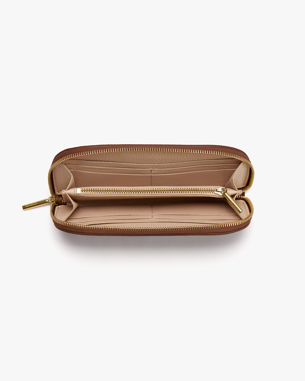 Open wallet with multiple compartments and zippers.
