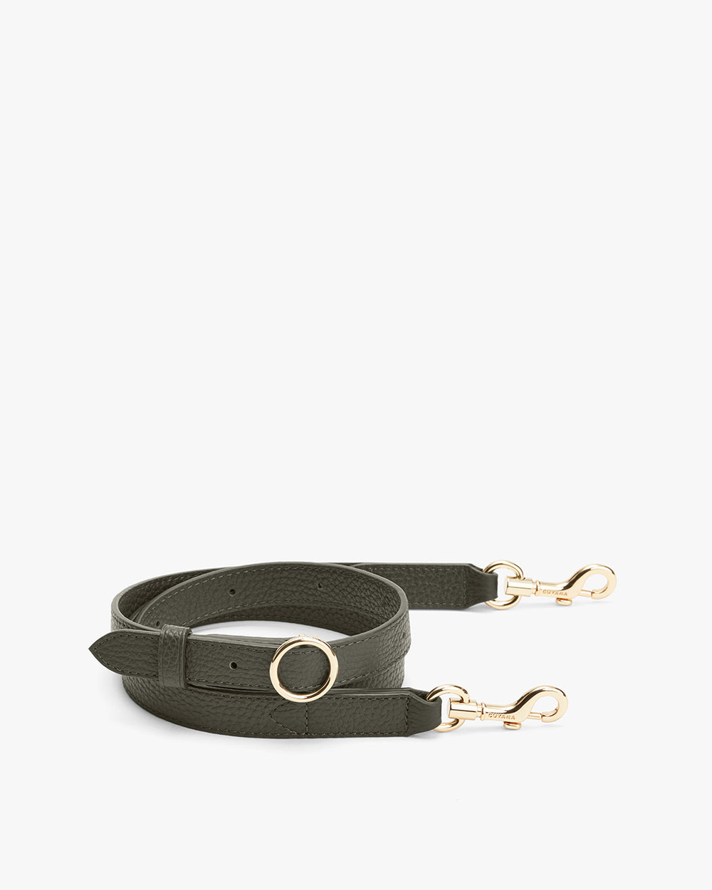 Adjustable strap with two metal clasps and a ring.
