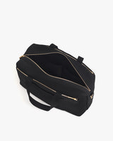 Open travel bag with shoulder strap and zippered compartments