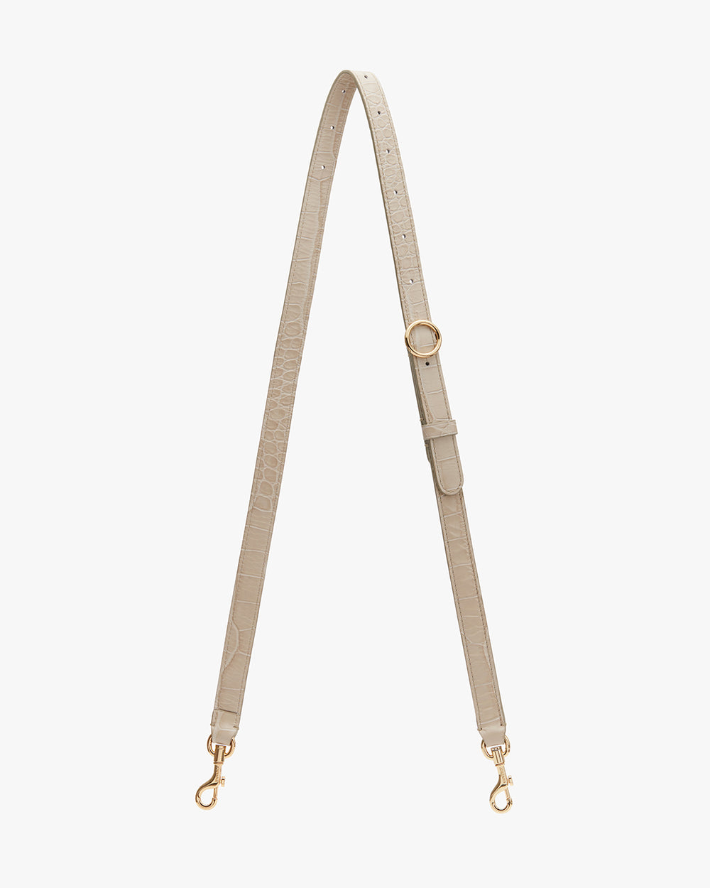 Adjustable strap with metal clasps and buckle.