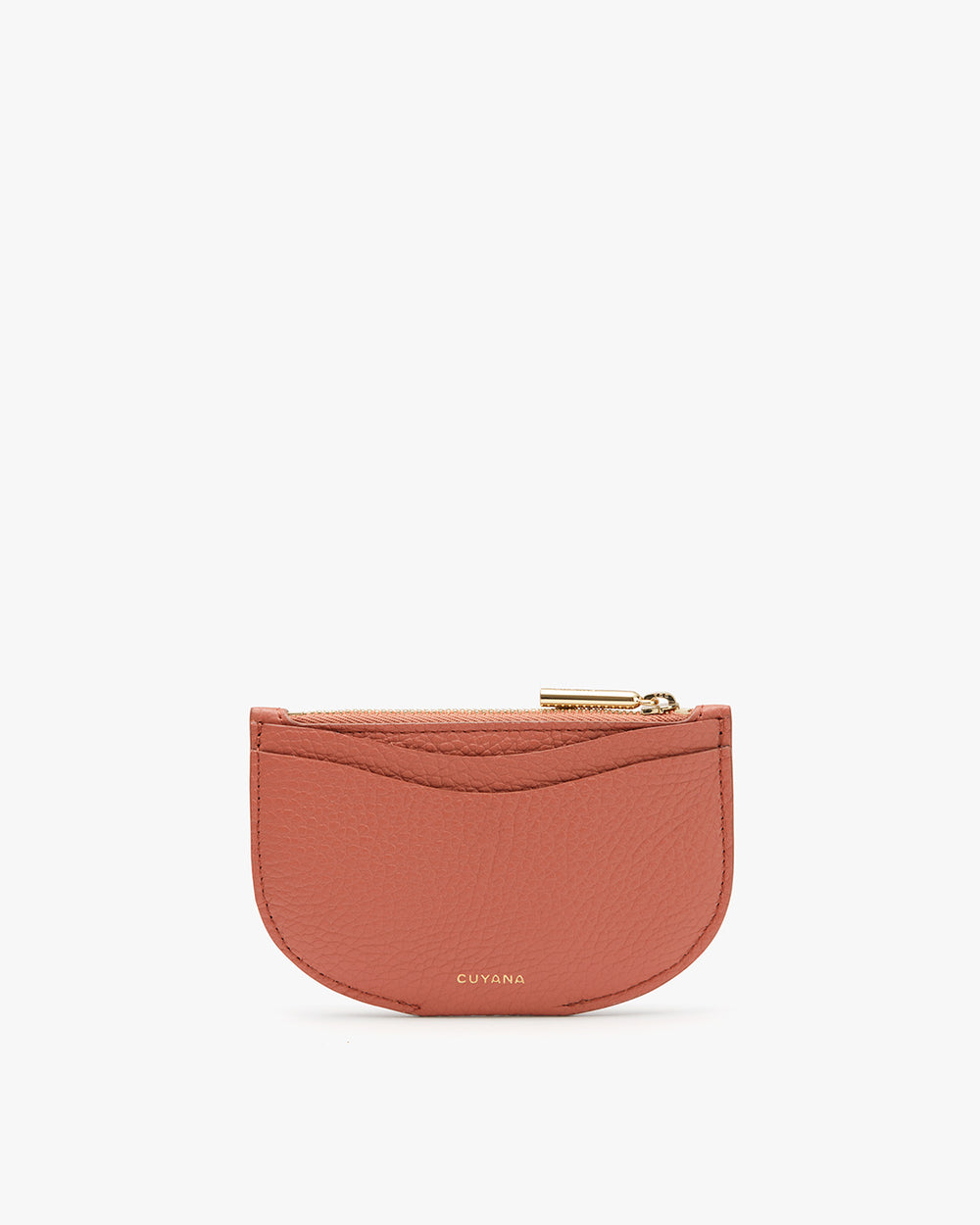 Small half-moon shaped zippered purse with brand name on the front.