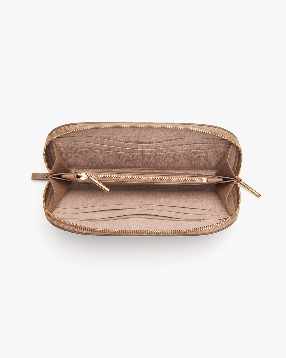 Open wallet with zipper showing compartments and a pen inside.