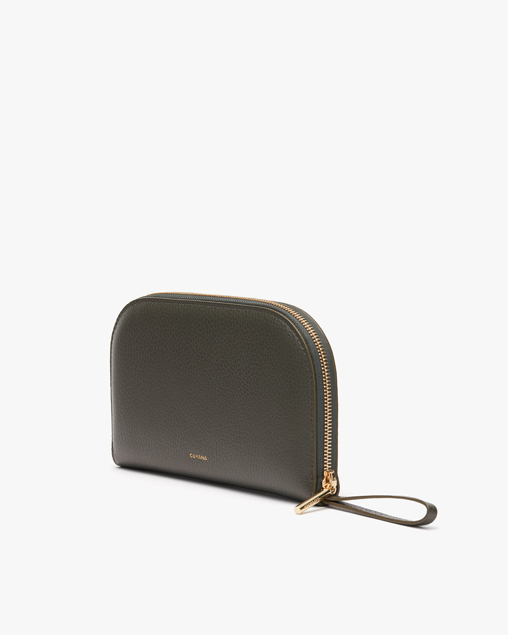 Small zippered pouch with a wrist strap standing upright