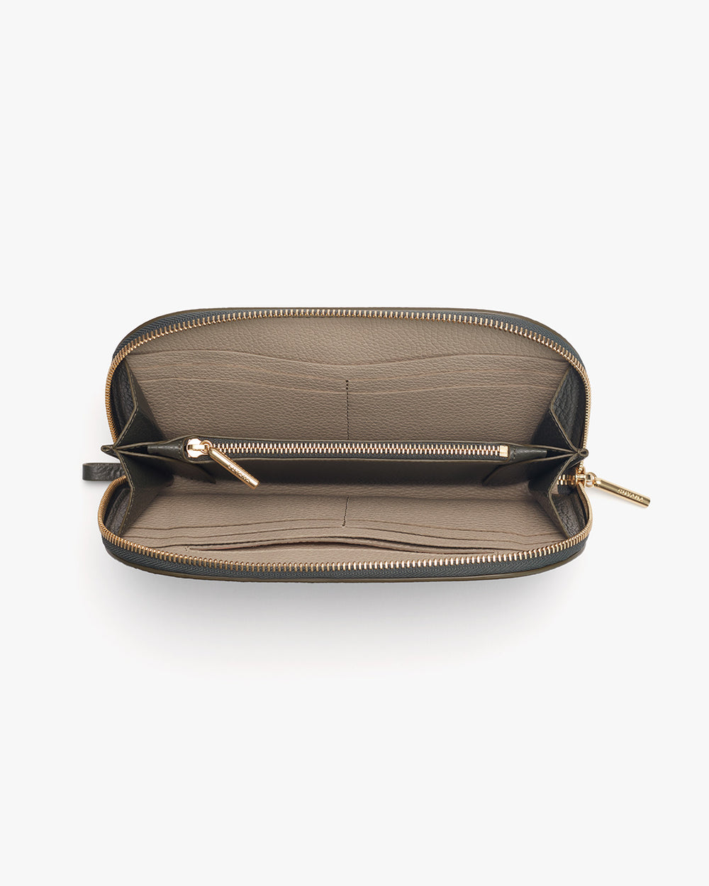Open wallet with zipper compartments on a light background.