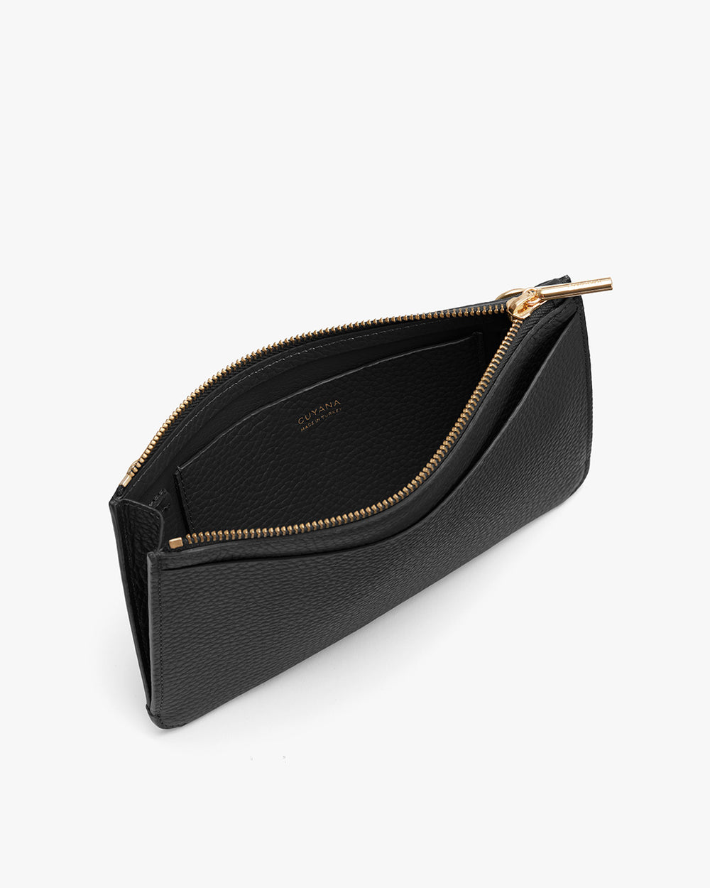 Open zipper wallet on a plain background.