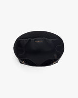 Round black hat with curved rim on a light background.