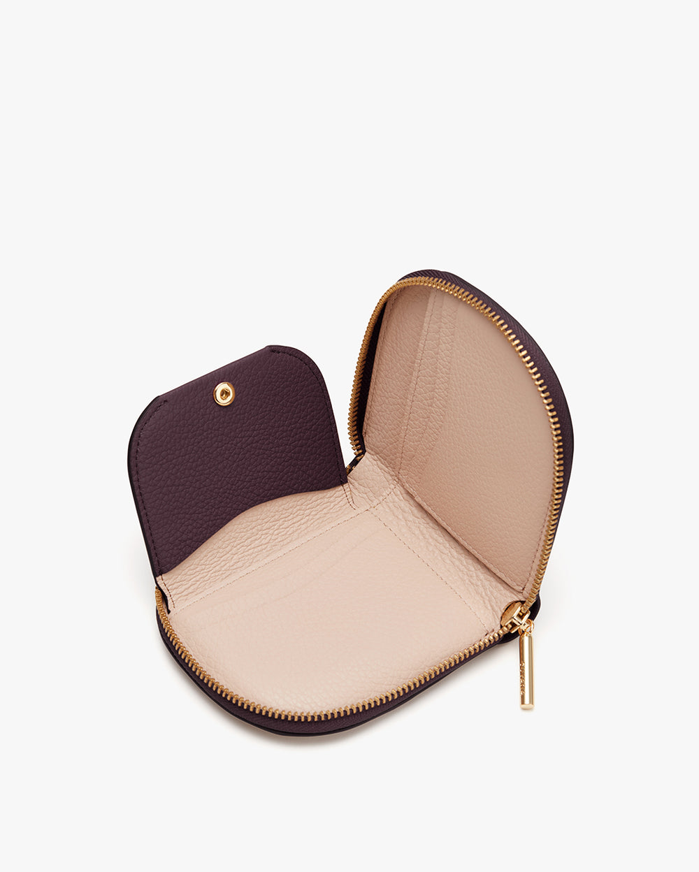 Small open wallet or pouch with zipper and snap button