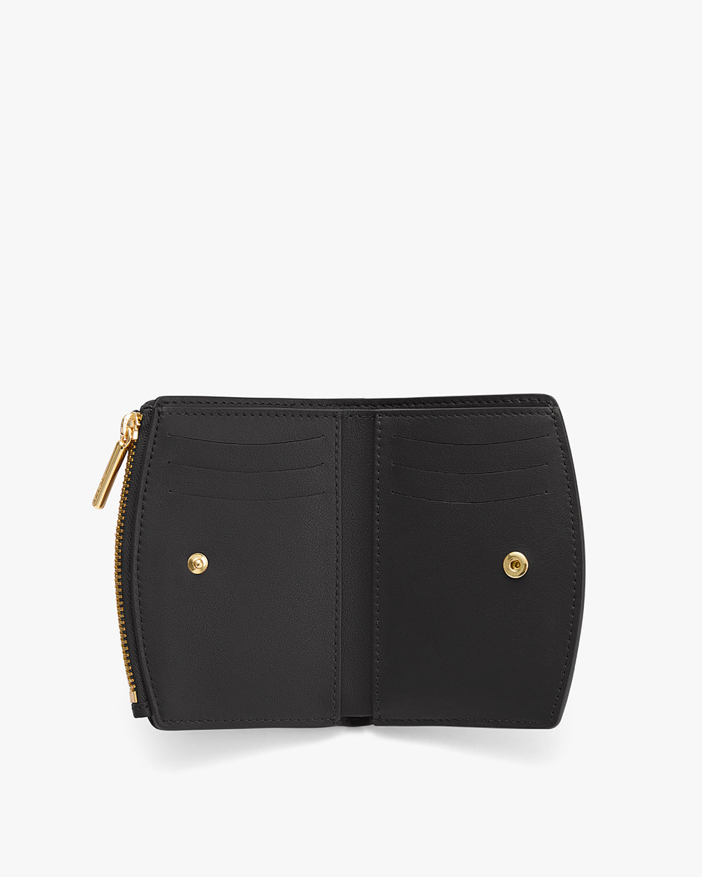 Wallet with zip and snap button closures showing card slots and inner compartments.
