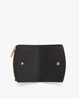 Wallet with zip and snap button closures showing card slots and inner compartments.