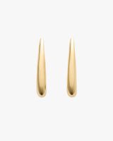 Two sleek and elongated teardrop earrings displayed vertically.