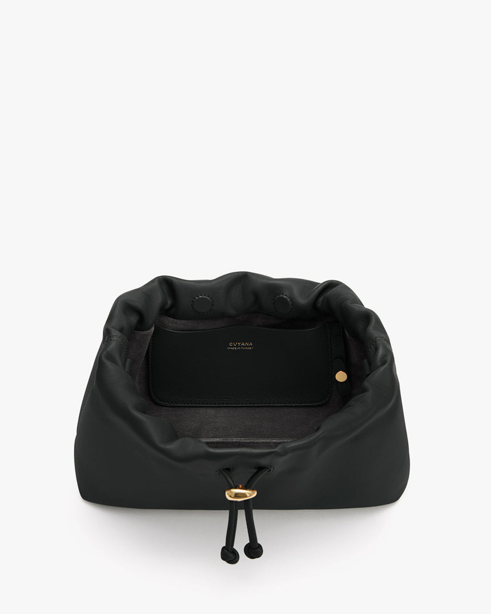 Open bag showing interior compartments and drawstring closure.