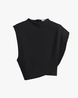 Sleeveless top with asymmetric hem and high neckline.