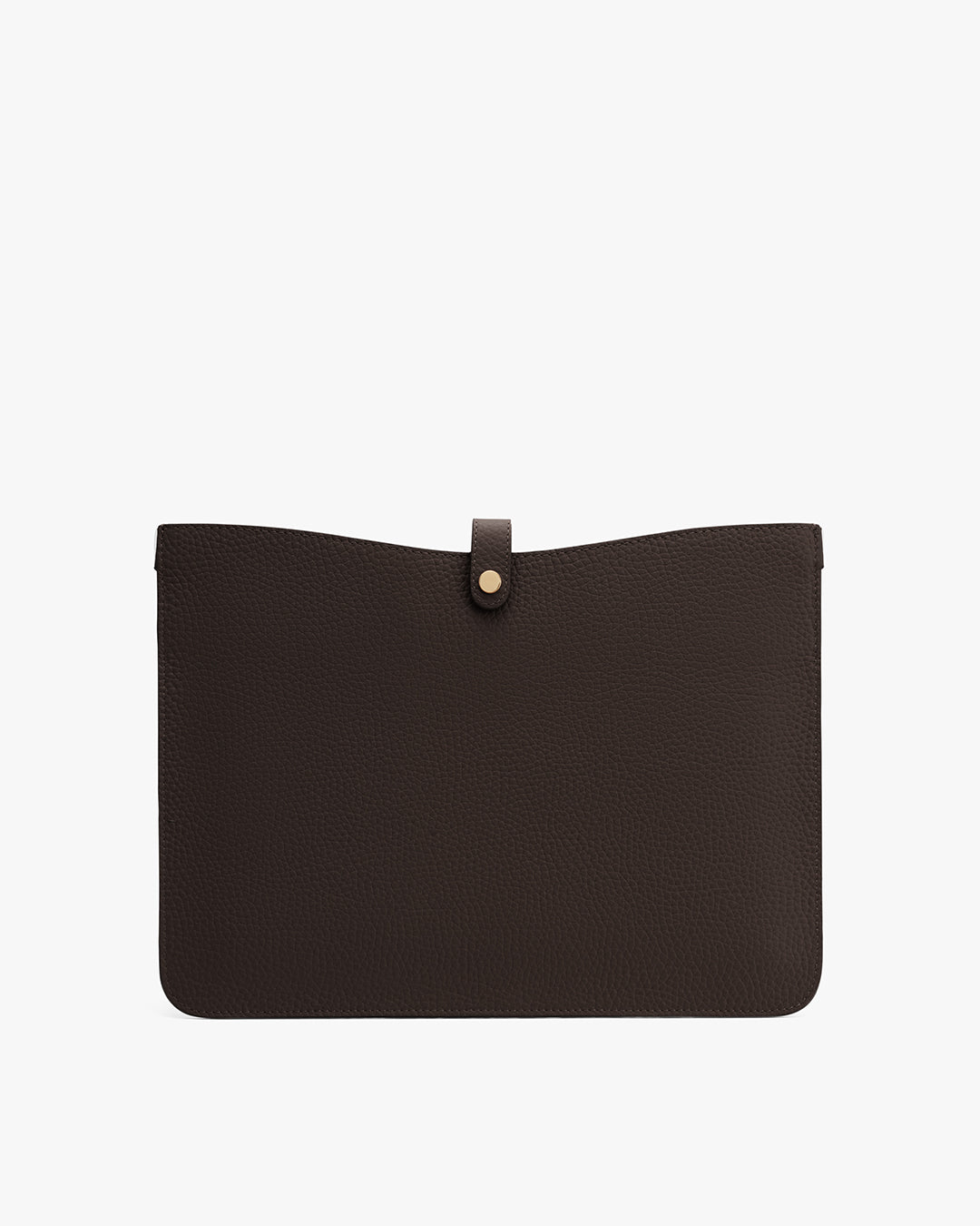 Leather laptop sleeve with a button closure at the top center.