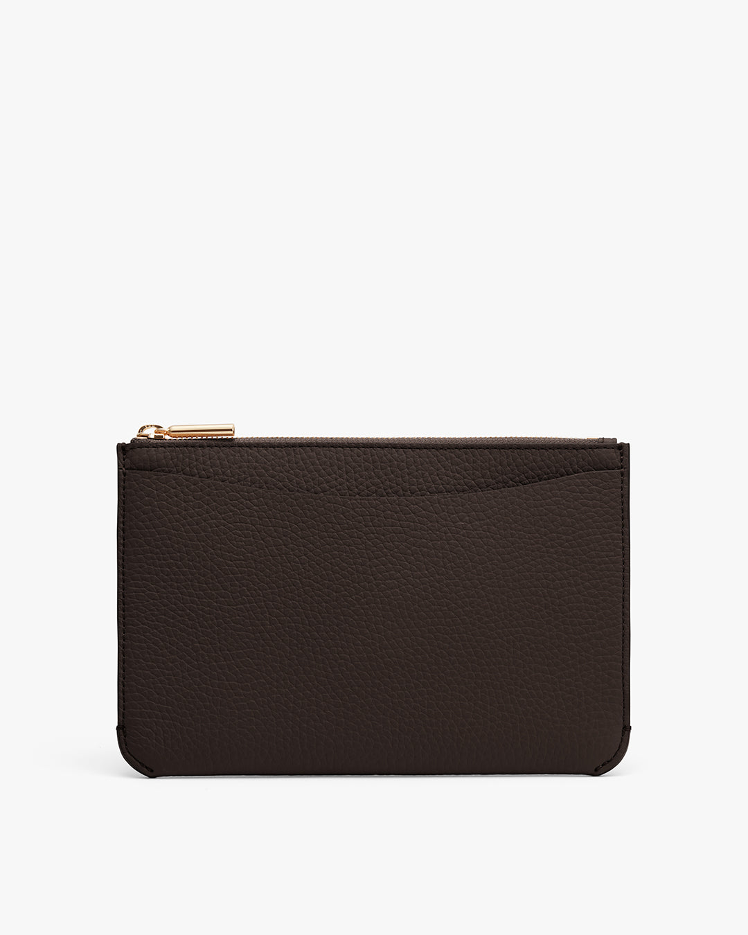 Leather zippered pouch with a card slot on the front.