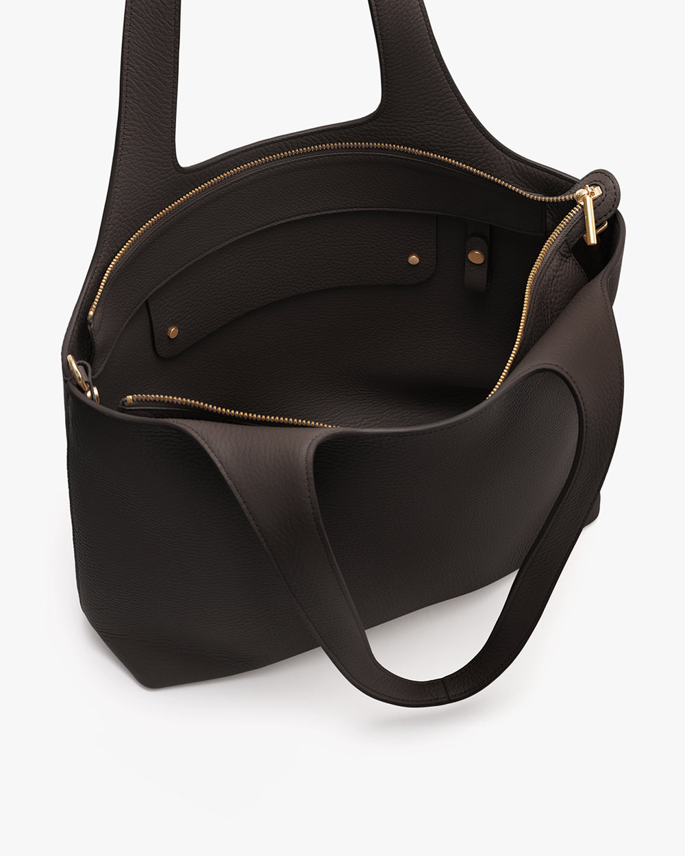Open tote bag with two handles and a visible zipper inside.