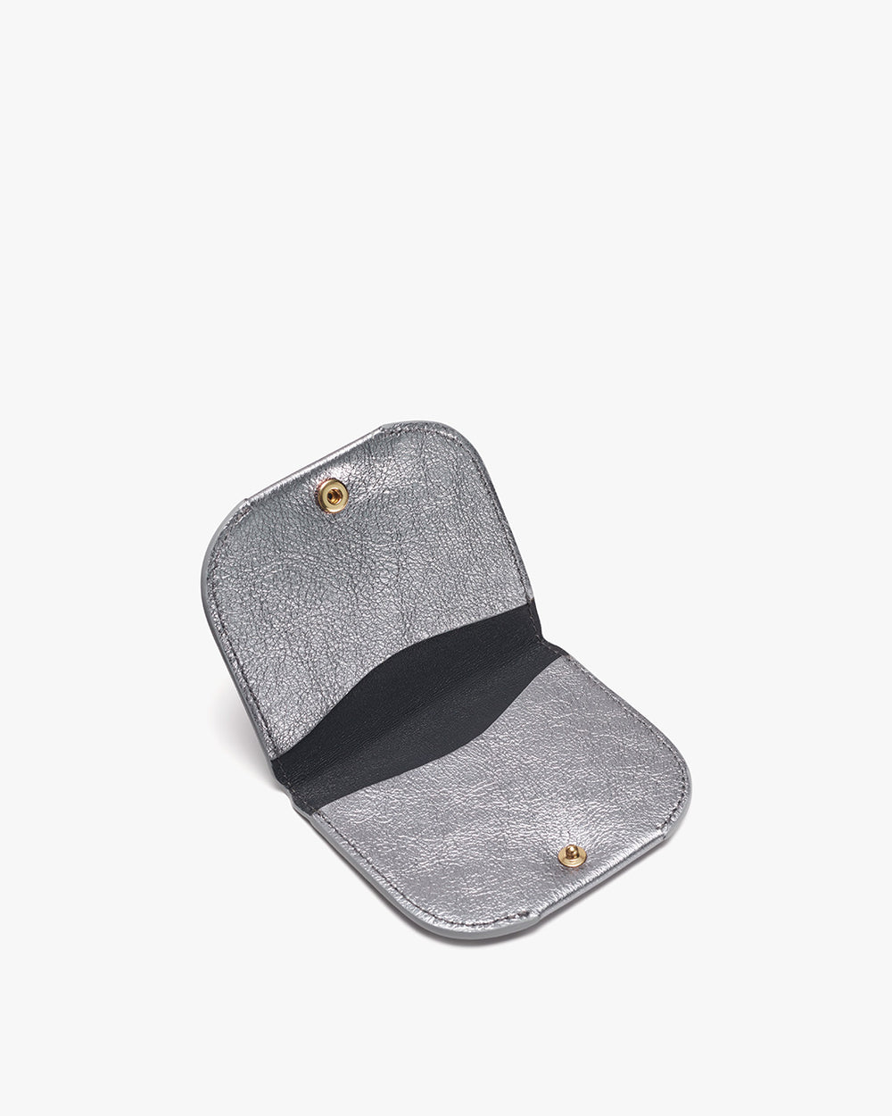 Small wallet open displaying interior with snap fasteners and a fabric band.
