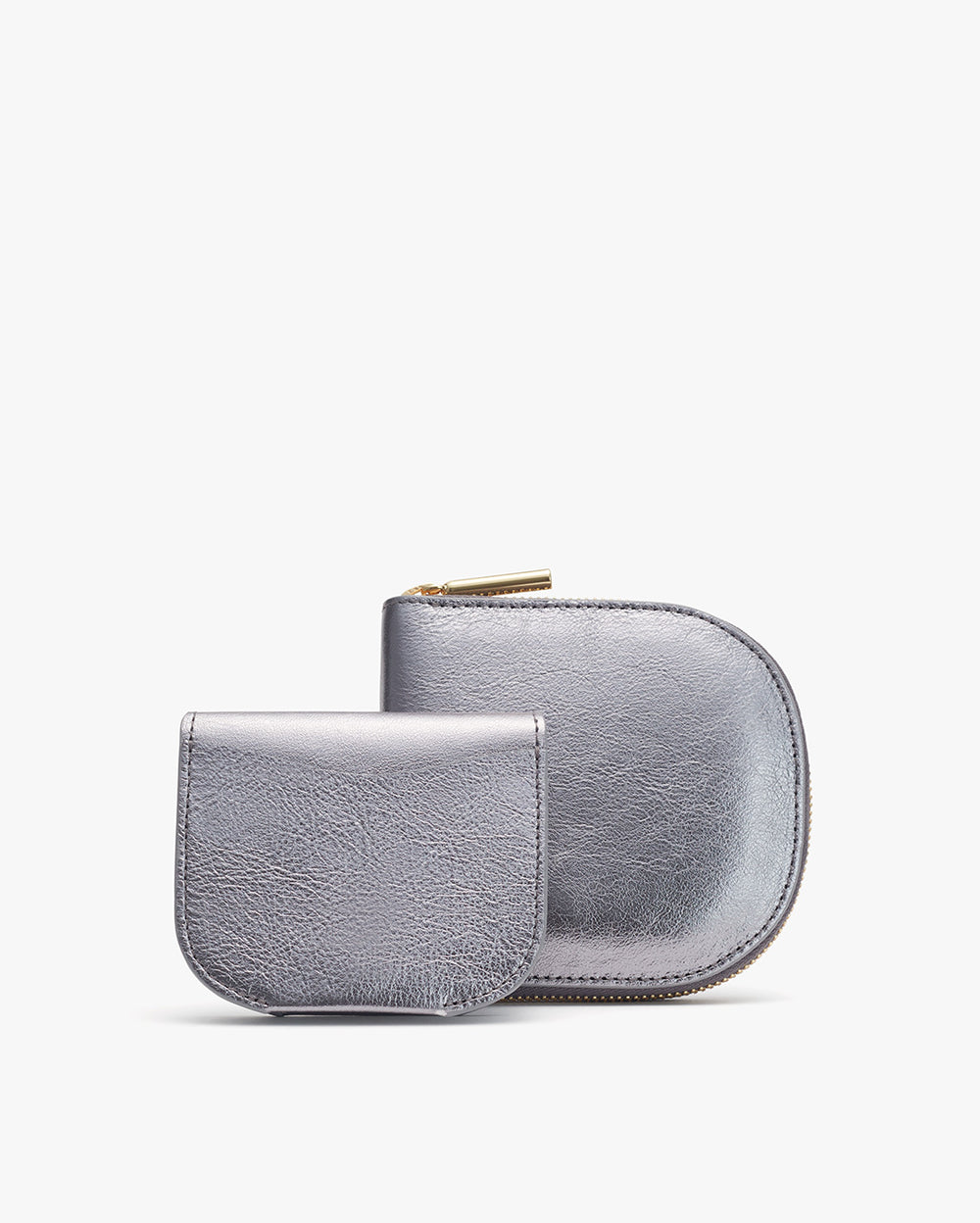 Two wallets, one larger with a zipper and one smaller, displayed upright.