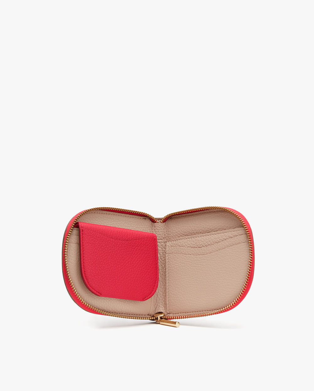 Open zippered wallet with card slots and a small pouch.