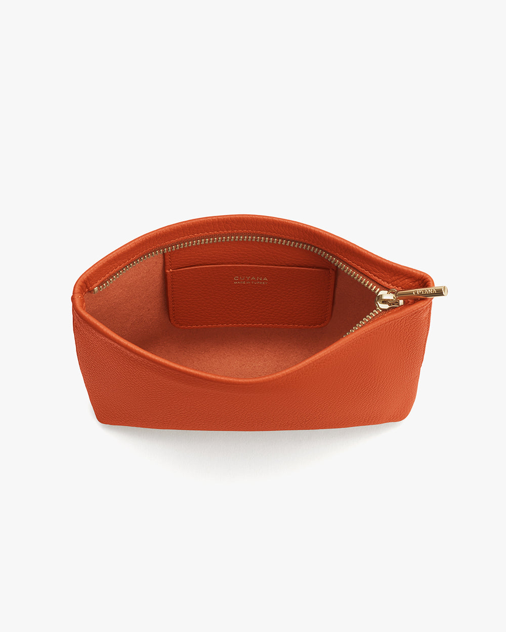 Open pouch with visible zippered interior and gold zipper pull.