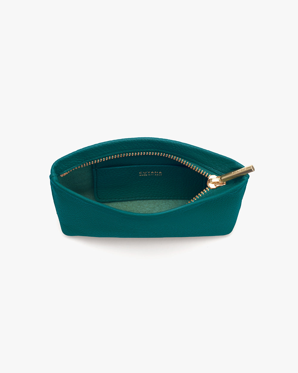 Open zippered pouch with visible inner lining.