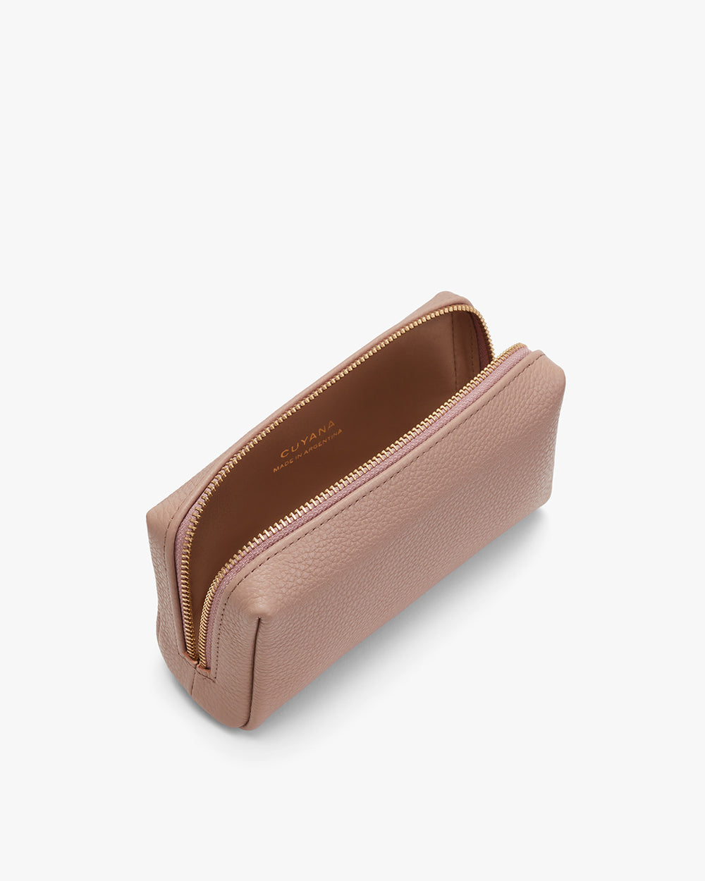 A small zippered pouch standing upright on a plain background.