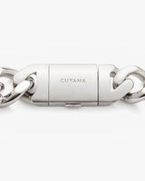 Close-up view of a metal clasp linking two chain sections.