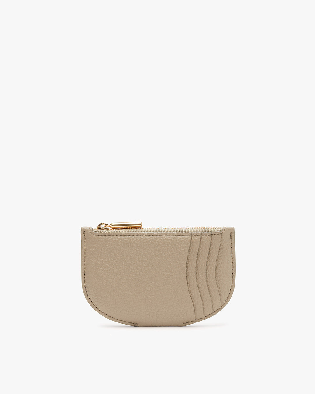 Small purse with a curved bottom and zipper on top.