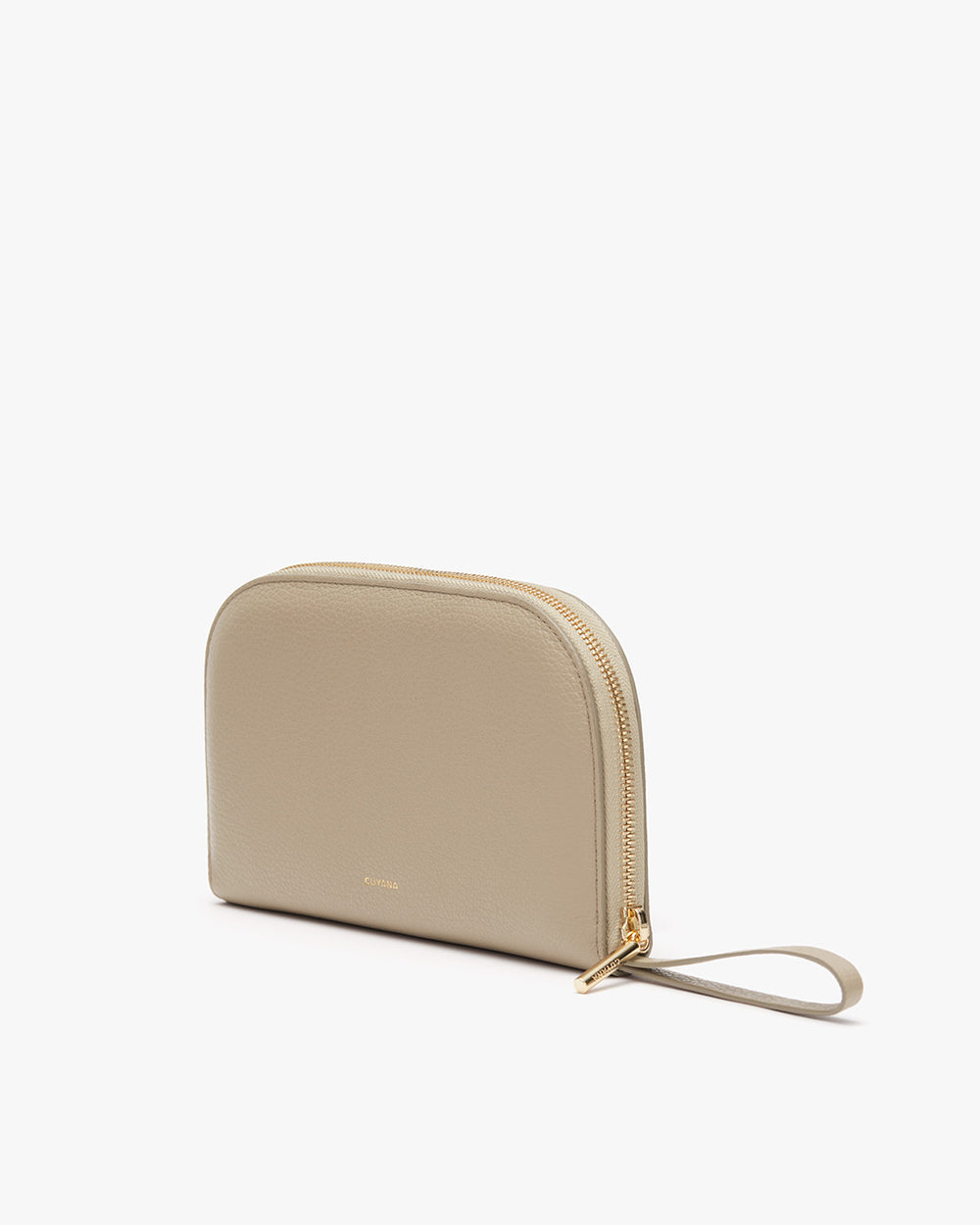Zipped pouch with a wrist strap standing upright.