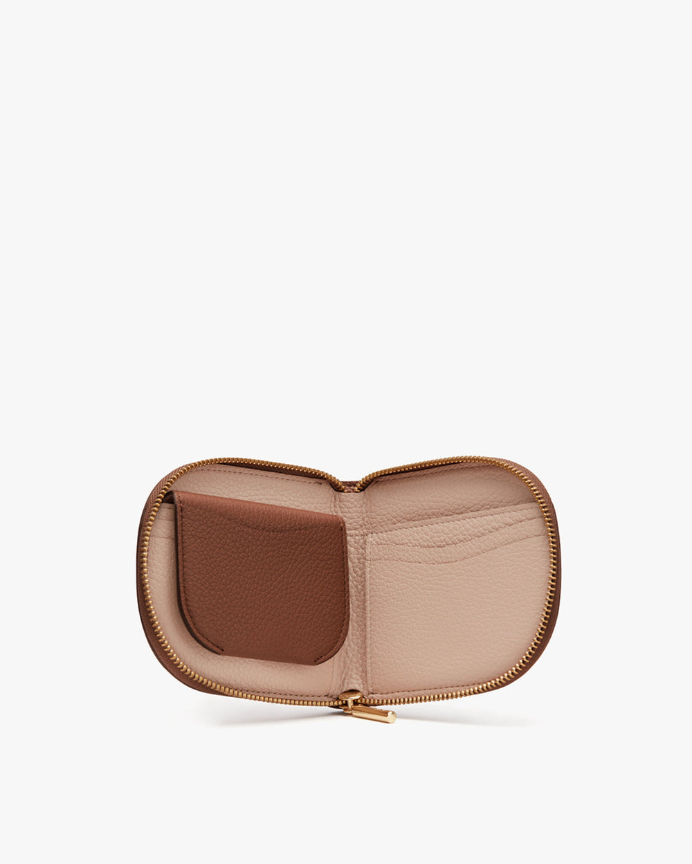 Small open zippered wallet with card slots and pockets inside.