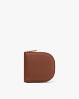 Wallet with a zipper closure on a plain background.