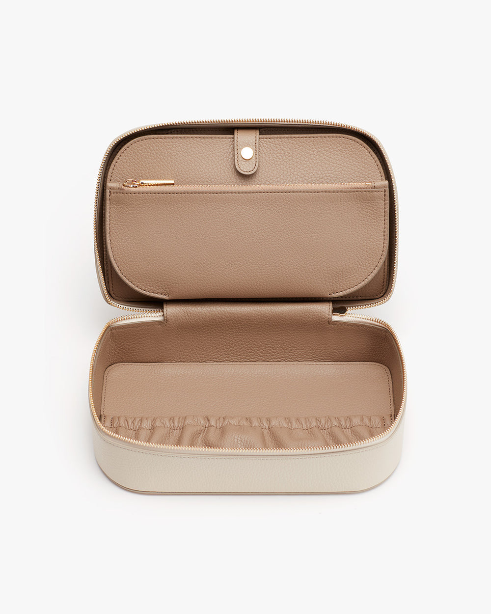 Open rectangular case with a compartment and a zippered section inside.
