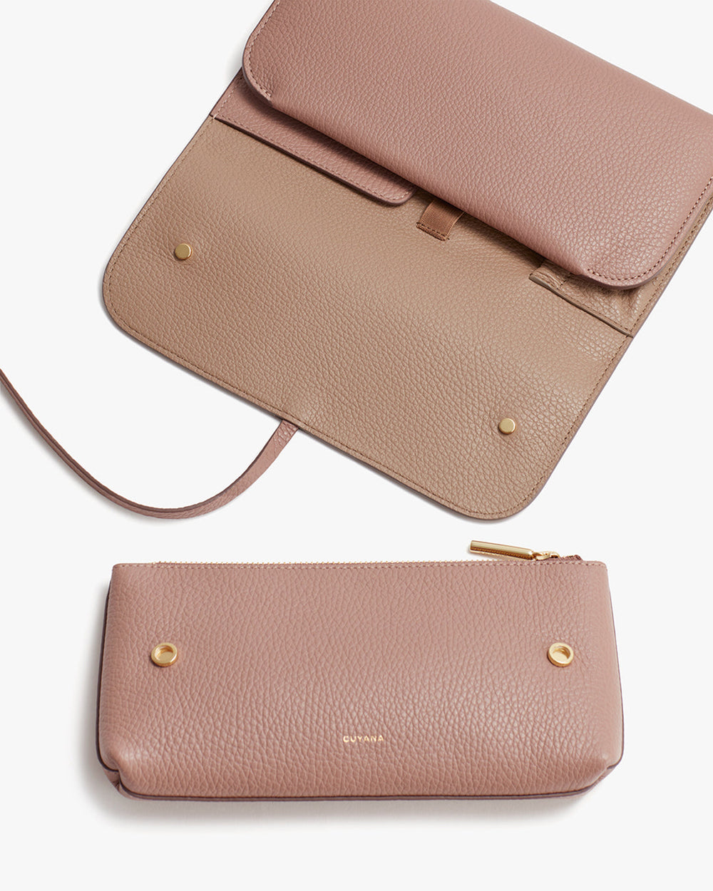 Two purses arranged vertically with one larger than the other.