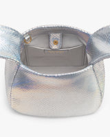 Open handbag with snake-embossed leather and empty interior compartment