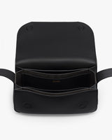 Open flap handbag with multiple compartments and snap button closures