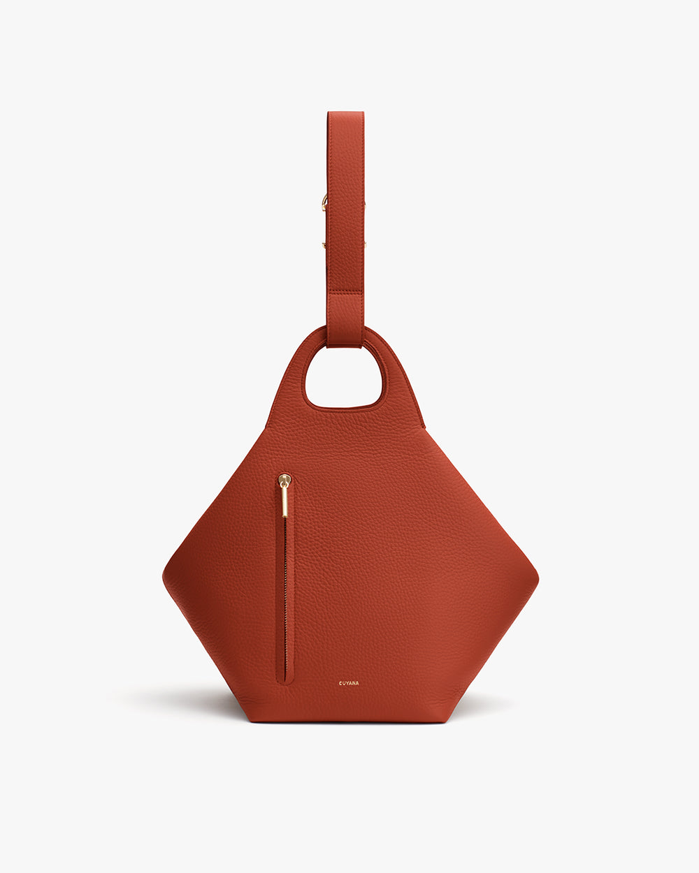 Geometric handbag with a strap and front zipper pocket.
