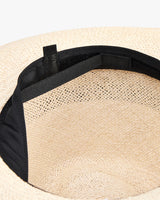 Inside view of a woven hat with a black band.