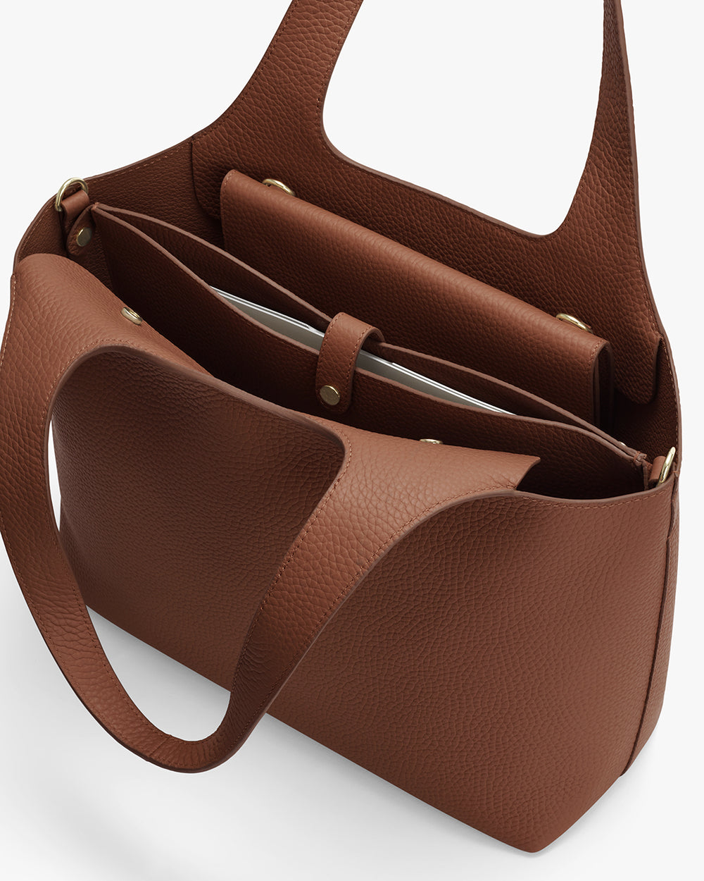 Open handbag with compartments and a flap pouch inside