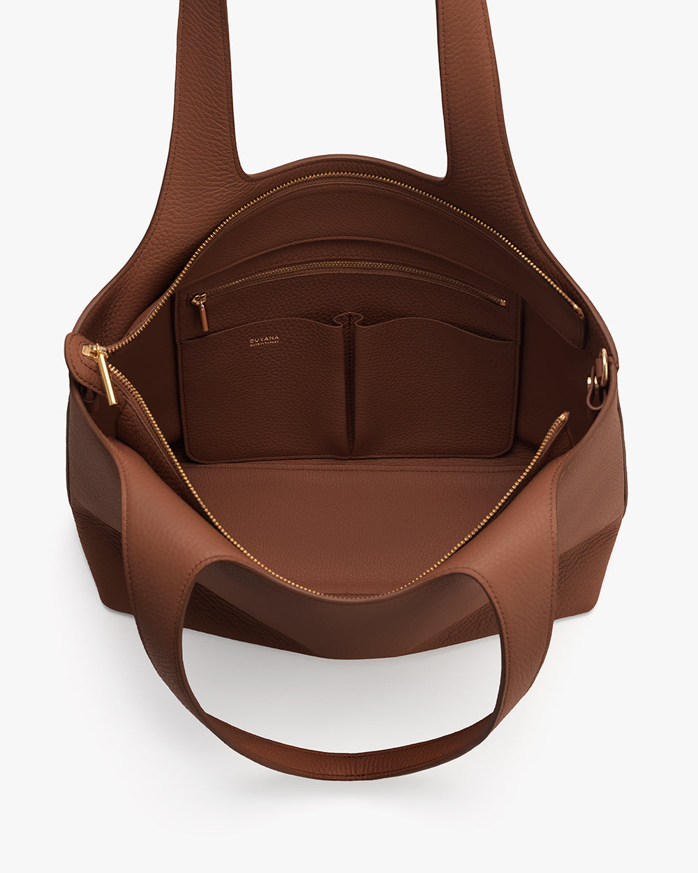 Open handbag with pockets and a visible zipper pocket inside.