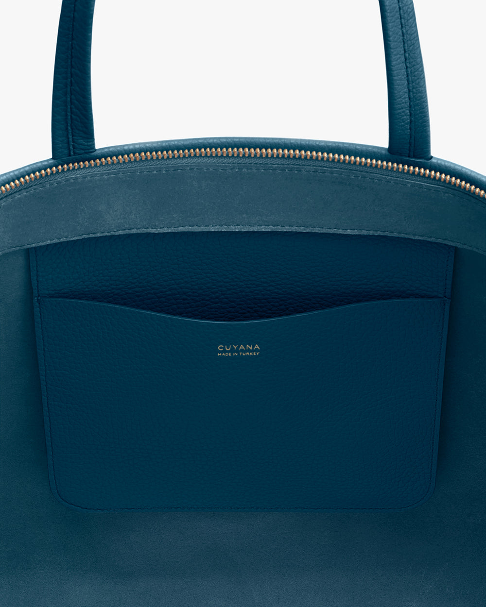 Close-up of a bag with external pocket and handles.