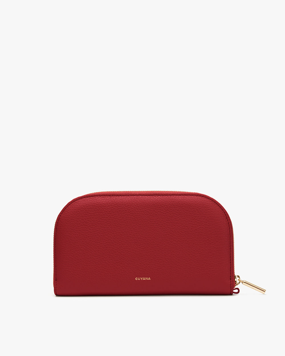 Semi-circle wallet with a zipper on the right side.