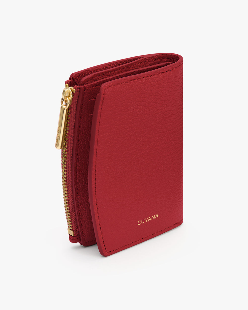 A small wallet with a zipper partially open, showing compartments.