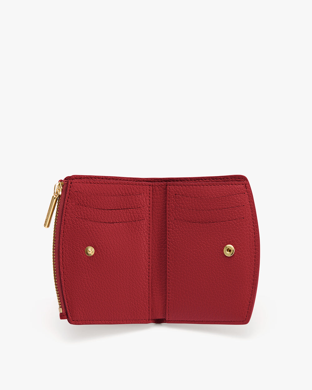 Open wallet with multiple card slots and zipper section.